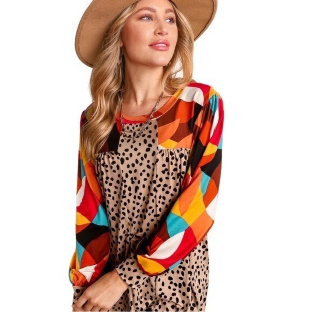 Artsy Geometric Animal Print Top Women Size large Long Sleeve Colorful Boho - Picture 2 of 16
